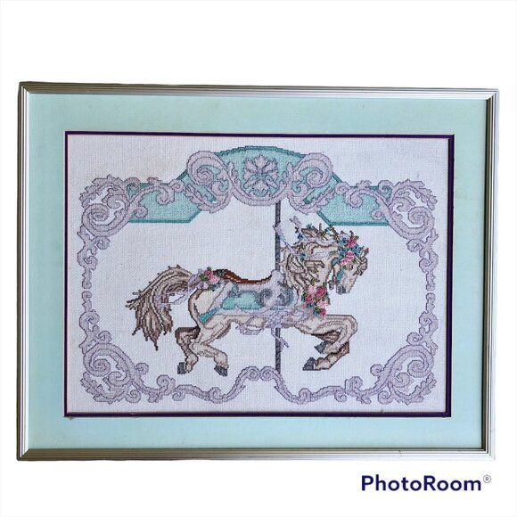 Vintage 1988 Carousel Horse Finished Counted Cross Stitch Framed Fairycore